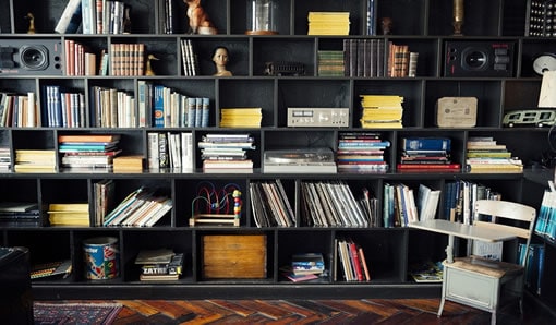 modern man cave shelving with retro feel