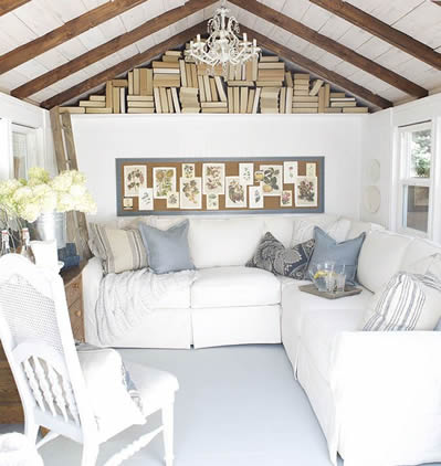 Book nook in rafters of she shed